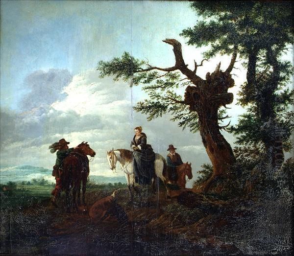 A Lady On Horseback With Other Figures Resting By Trees Oil Painting by Pieter Wouwermans or Wouwerman