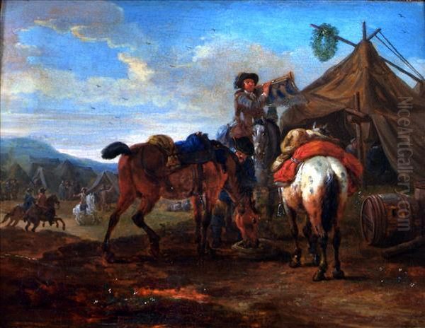 An Encampment Scene With A Soldier Sounding His Bugle Oil Painting by Pieter Wouwermans or Wouwerman