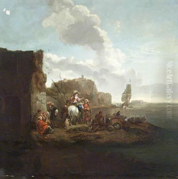 Group Of Travelers Beside A Rocky Inlet Oil Painting by Pieter Wouwermans or Wouwerman