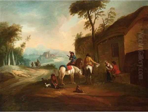 An Italianate Landscape With Horsemen Resting Near An Inn Oil Painting by Pieter Wouwermans or Wouwerman