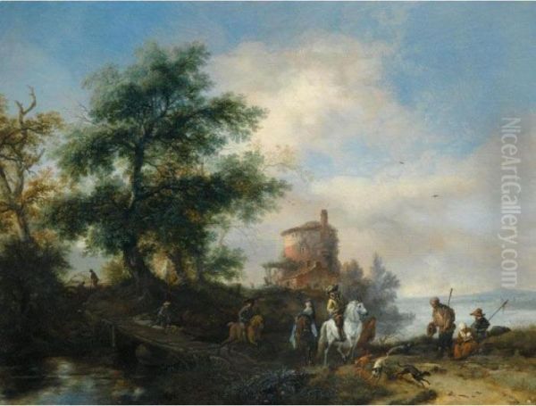 River Landscape With A Gentleman
 And Lady Riding To The Chase With A Pilgrim 
Asking For Alms In The Foreground Other Members 
Of The Hunting Party Crossing A Wooden Bridge A 
Tower Be Oil Painting by Pieter Wouwermans or Wouwerman