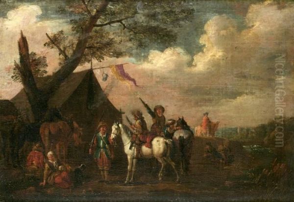 Soldater Utanfor Vardshus. Uppfodrad Duk 40 X 57 Cm Oil Painting by Pieter Wouwermans or Wouwerman