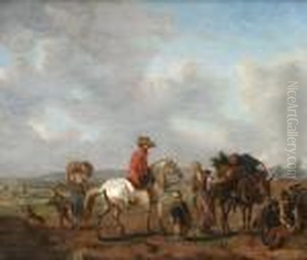 Landskap Med Ryttare Pa Vit Hast, Packasna Och Figurer Oil Painting by Pieter Wouwermans or Wouwerman