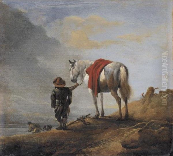 Man Leading A Grey Horse Oil Painting by Pieter Wouwermans or Wouwerman