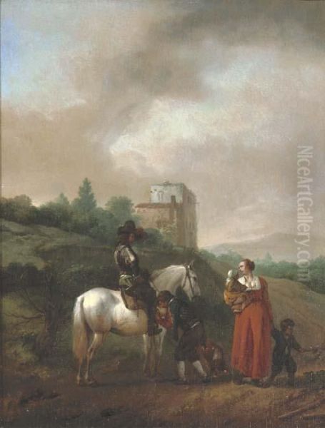 A Man On A White Horse Conversing With A Woman And Children On A Track Oil Painting by Pieter Wouwermans or Wouwerman