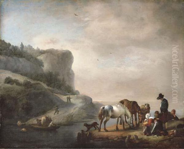 A River Landscape With Peasants And Horses On The Shore And A Ferry Crossing Oil Painting by Pieter Wouwermans or Wouwerman