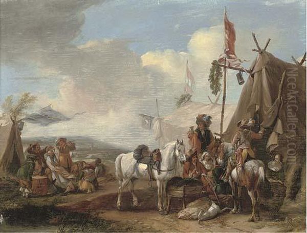 Cavalry Resting At An Encampment Oil Painting by Pieter Wouwermans or Wouwerman