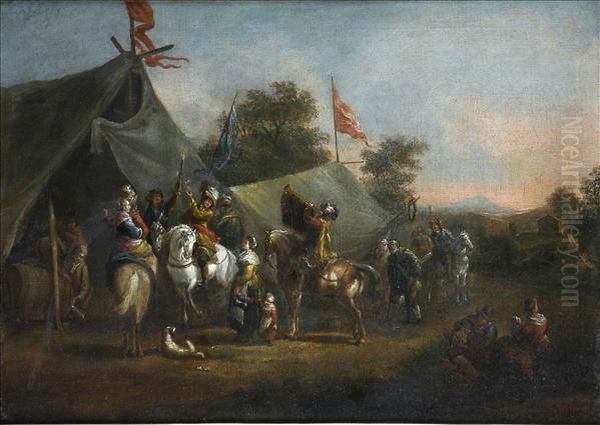 After The Battle, A Military Encampment Oil Painting by Pieter Wouwermans or Wouwerman