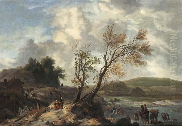 Dune Landscape With Travellers 
On A Path Horsemen And A Horse-drawn Wagon 
Fording A Stream Together With Figures Bathing 
In The Background Oil Painting by Pieter Wouwermans or Wouwerman