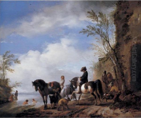 Horsemen And Other Figures Halted By On A Riverbank Next To Ruins, Bathers In The River Oil Painting by Pieter Wouwermans or Wouwerman