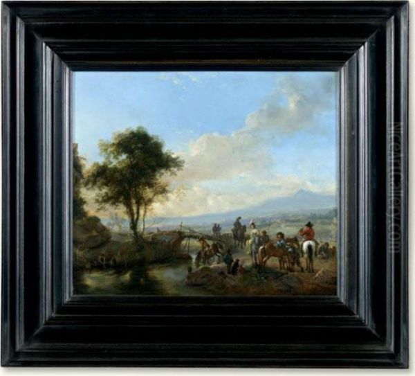 An Italianate Landscape With A Hawking Party Oil Painting by Pieter Wouwermans or Wouwerman