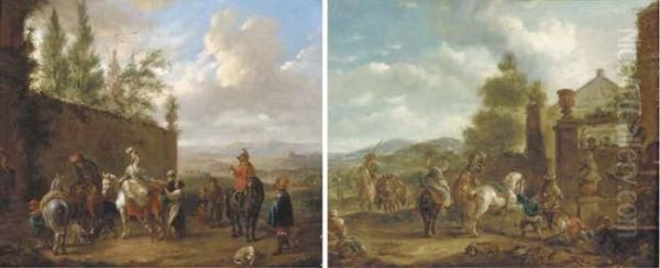 An Elegant Couple On Horseback And Other Figures Near An Enclosed Garden Oil Painting by Pieter Wouwermans or Wouwerman