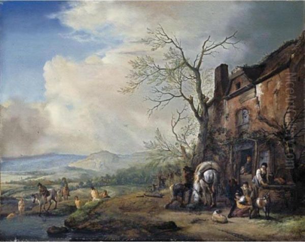 Landscape With Peasants By A 
Cottage, A Pack-horse Being Fed, And Bathers By A Stream Beyond Oil Painting by Pieter Wouwermans or Wouwerman