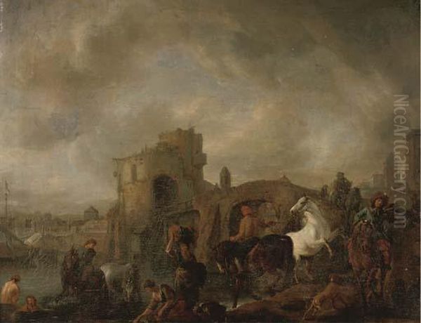 A Hawking Party With Washerwomen And Bathers, A Ship, A Bridge Anda Town Beyond Oil Painting by Pieter Wouwermans or Wouwerman