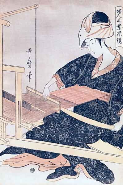 Woman Weaving Oil Painting by Kitagawa Utamaro