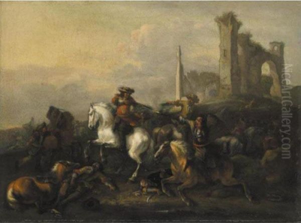 Battaglia Oil Painting by Pieter Wouwermans or Wouwerman