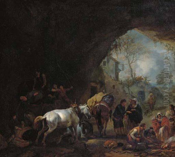 A Grotto With Travellers Unloading A Wagon Oil Painting by Pieter Wouwermans or Wouwerman