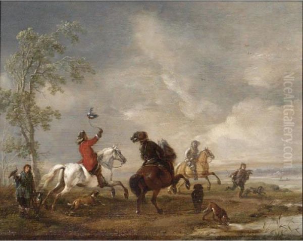 A Hawking Party With Horsemen, Falconers And Their Hounds In A Landscape Oil Painting by Pieter Wouwermans or Wouwerman