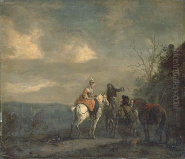 Elegant Company On Horseback At Halt Outside A Cottage, A Landscape Beyond Oil Painting by Pieter Wouwermans or Wouwerman