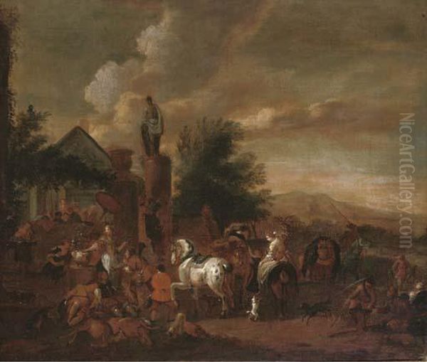 A Hawking Party At Rest By An Inn Oil Painting by Pieter Wouwermans or Wouwerman