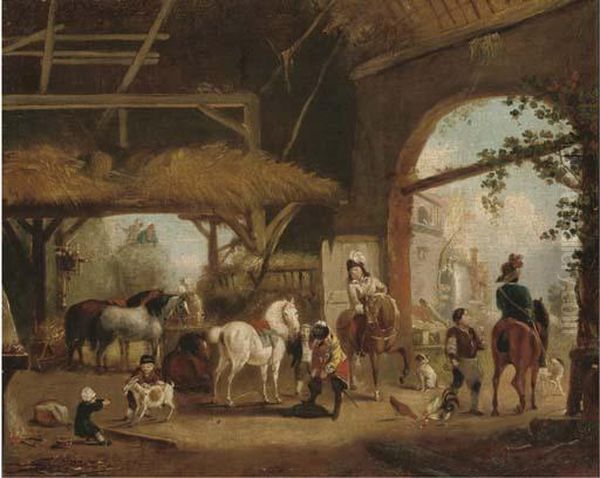 A Hunting Party Setting Out From A Barn Oil Painting by Pieter Wouwermans or Wouwerman