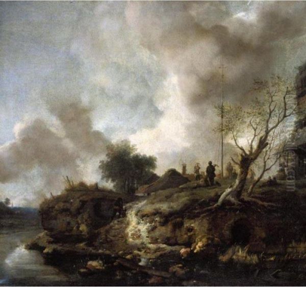 A Landscape With A River And Figures Shooting The Popinjay Oil Painting by Pieter Wouwermans or Wouwerman