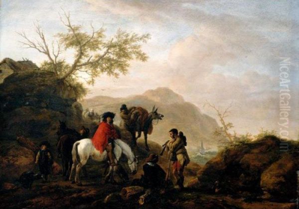 A Cavalier On A White Horse With Other Travellers On A Rocky Road, Mountains Beyond Oil Painting by Pieter Wouwermans or Wouwerman