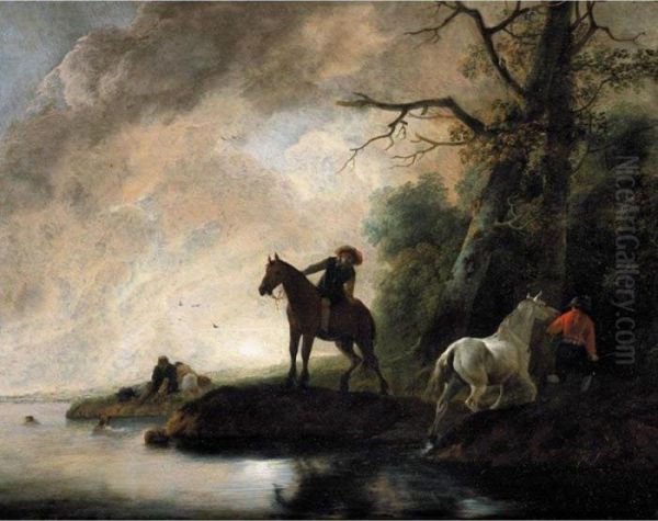 An Evening Landscape With Horsemen And Bathers By A Lake Oil Painting by Pieter Wouwermans or Wouwerman