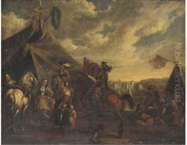 Cavalry Officers With Their 
Chargers And A Mounted Trumpeter Beforea Sutler's Booth, An Encampment 
Beyond Oil Painting by Pieter Wouwermans or Wouwerman