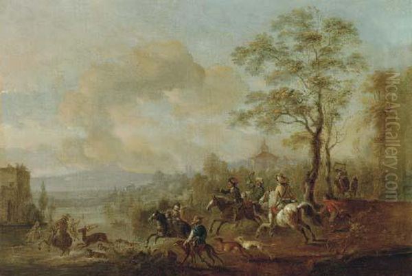 A Stag Hunt Oil Painting by Pieter Wouwermans or Wouwerman