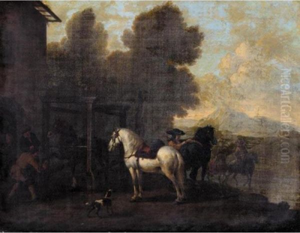 Horses And Cavaliers Outside A Blacksmith's Oil Painting by Pieter Wouwermans or Wouwerman