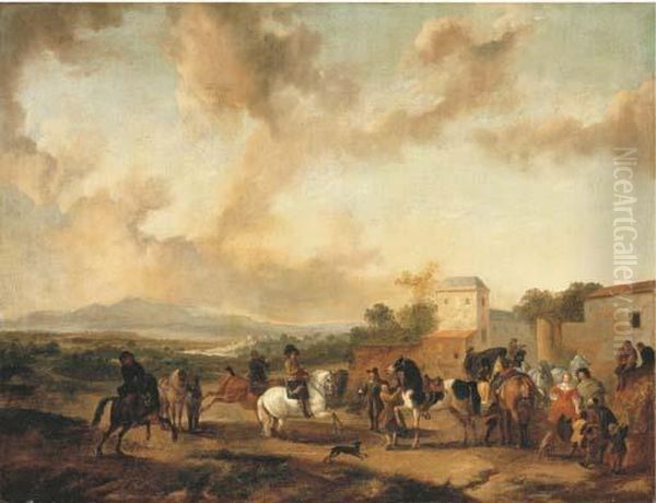 A Riding School In An Italianate Landscape Oil Painting by Pieter Wouwermans or Wouwerman