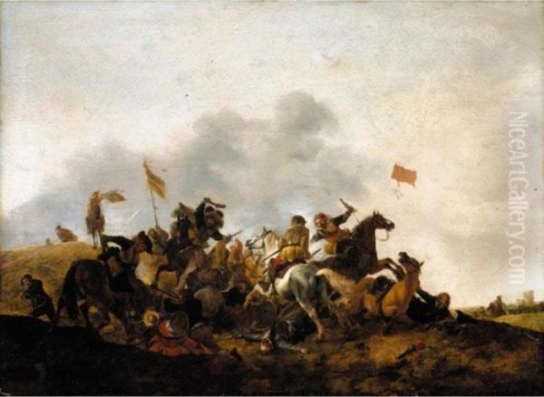 A Cavalry Skirmish With A Village In The Distance Oil Painting by Pieter Wouwermans or Wouwerman