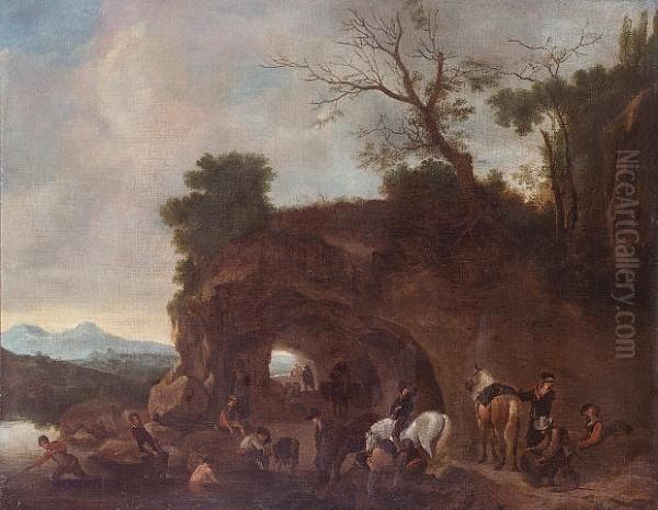 Travellers Resting And Watering Their Horses Oil Painting by Pieter Wouwermans or Wouwerman