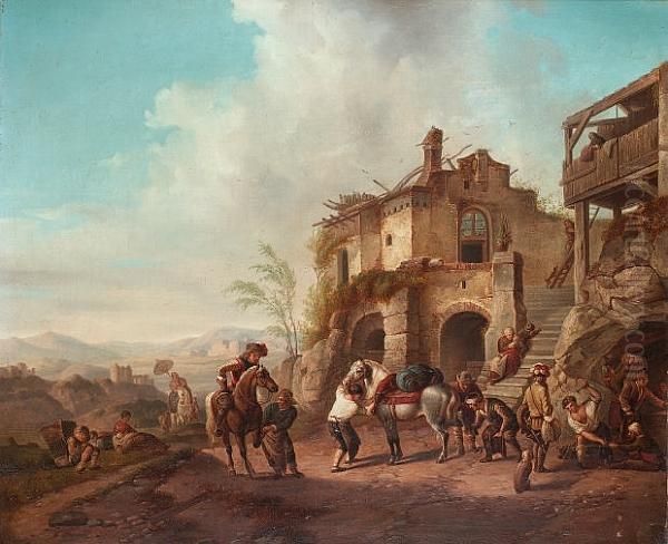 Travellers At A Roadside Farrier Oil Painting by Pieter Wouwermans or Wouwerman