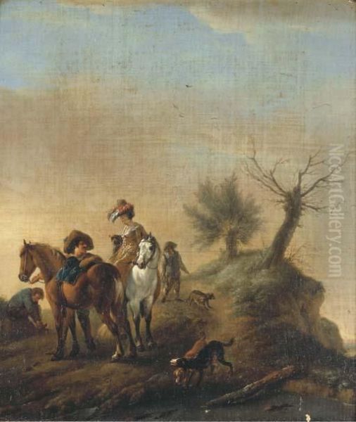 Elegant Figures Resting On A Track Oil Painting by Pieter Wouwermans or Wouwerman