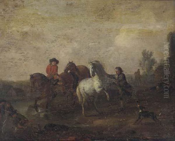 Horsemen In A Landscape Oil Painting by Pieter Wouwermans or Wouwerman