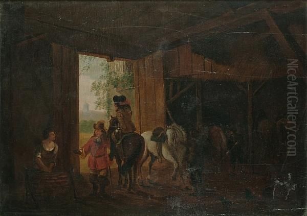 Figures And Horses In A Stable Oil Painting by Pieter Wouwermans or Wouwerman