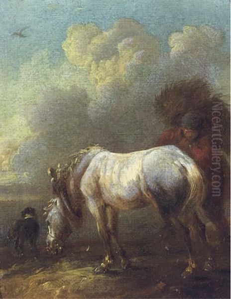 A Peasant Carrying Hay With A White Horse And A Dog In Theforeground Oil Painting by Pieter Wouwermans or Wouwerman