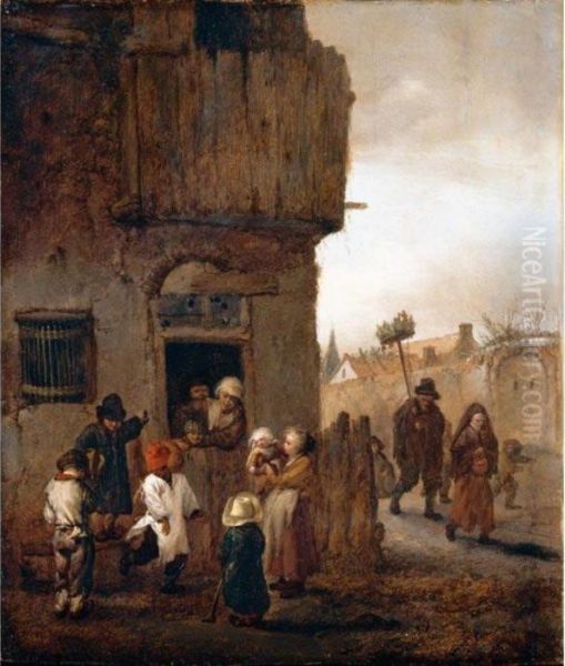 Children In The Road Oil Painting by Pieter Wouwermans or Wouwerman