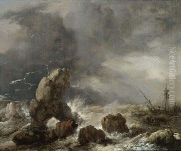 Ships Foundering In Stormy Seas Oil Painting by Pieter Wouwermans or Wouwerman