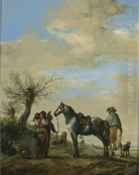 A Landscape With A Couple Saying Goodbye, With A Horse And A Horseman, And Sheep Nearby Oil Painting by Pieter Wouwermans or Wouwerman