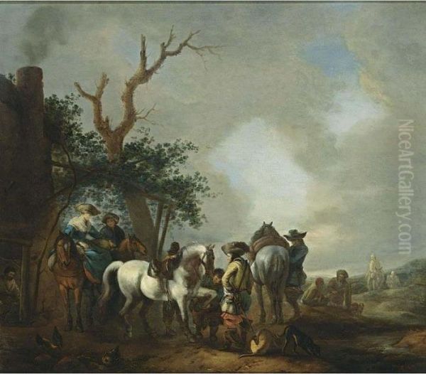 A Landscape With Horsemen Halting At A Forge Together With Their Dogs Oil Painting by Pieter Wouwermans or Wouwerman