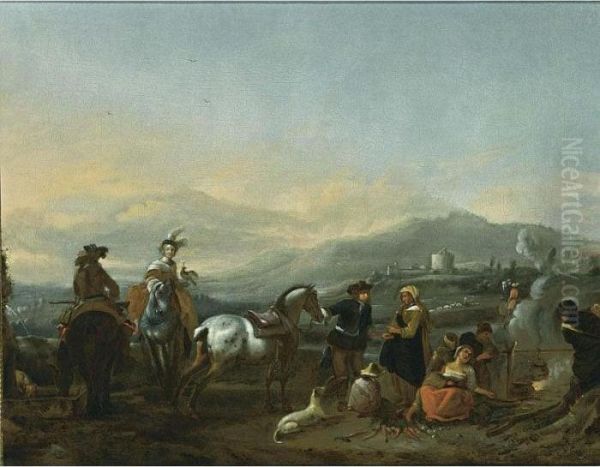 A Landscape With Huntsmen After 
The Hunt Near A Wood Fire With Gypsies Holding Cooking Pots, Together 
With Dogs And Children Oil Painting by Pieter Wouwermans or Wouwerman