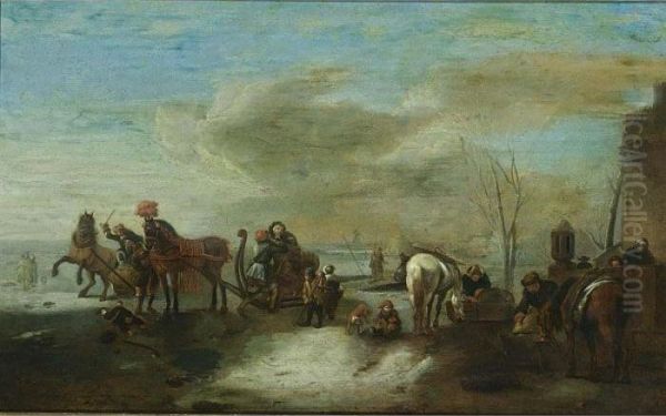 A Winter Scene With Two 
Horse-drawn Sleighs On A Frozen River With Two Horses Resting And 
Children Playing Near A House Oil Painting by Pieter Wouwermans or Wouwerman