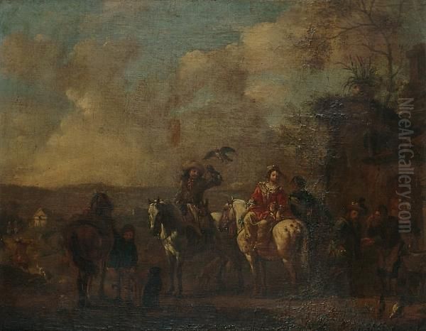 An Elegant Company Departing For The Hunt Oil Painting by Pieter Wouwermans or Wouwerman