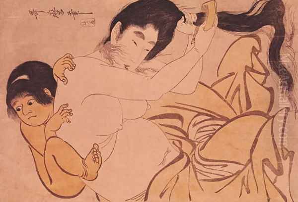 Yama-Uba, the Woman of the Mountain, with Kintoki, her Baby Oil Painting by Kitagawa Utamaro