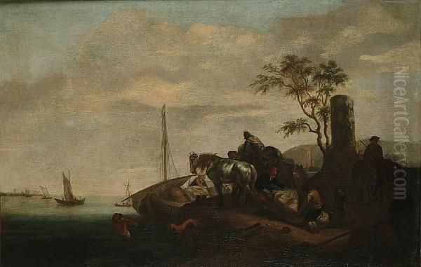 A River Landscape With Figures Loading A Barge Oil Painting by Pieter Wouwermans or Wouwerman