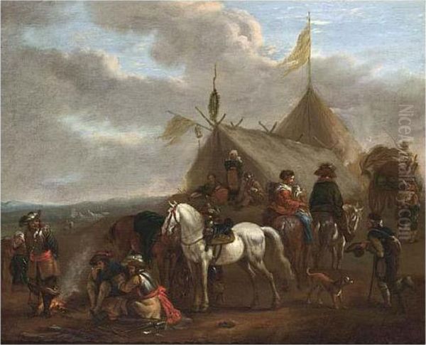 An Army Encampment With Soldiers
 Near A Fire, Horses, A Beggar, Travellers, And A Family Outside Tents Oil Painting by Pieter Wouwermans or Wouwerman