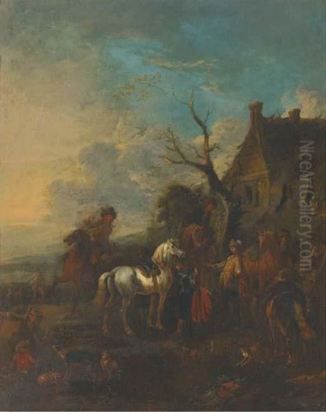 A Hunting Party Halted Outside An Inn Oil Painting by Pieter Wouwermans or Wouwerman